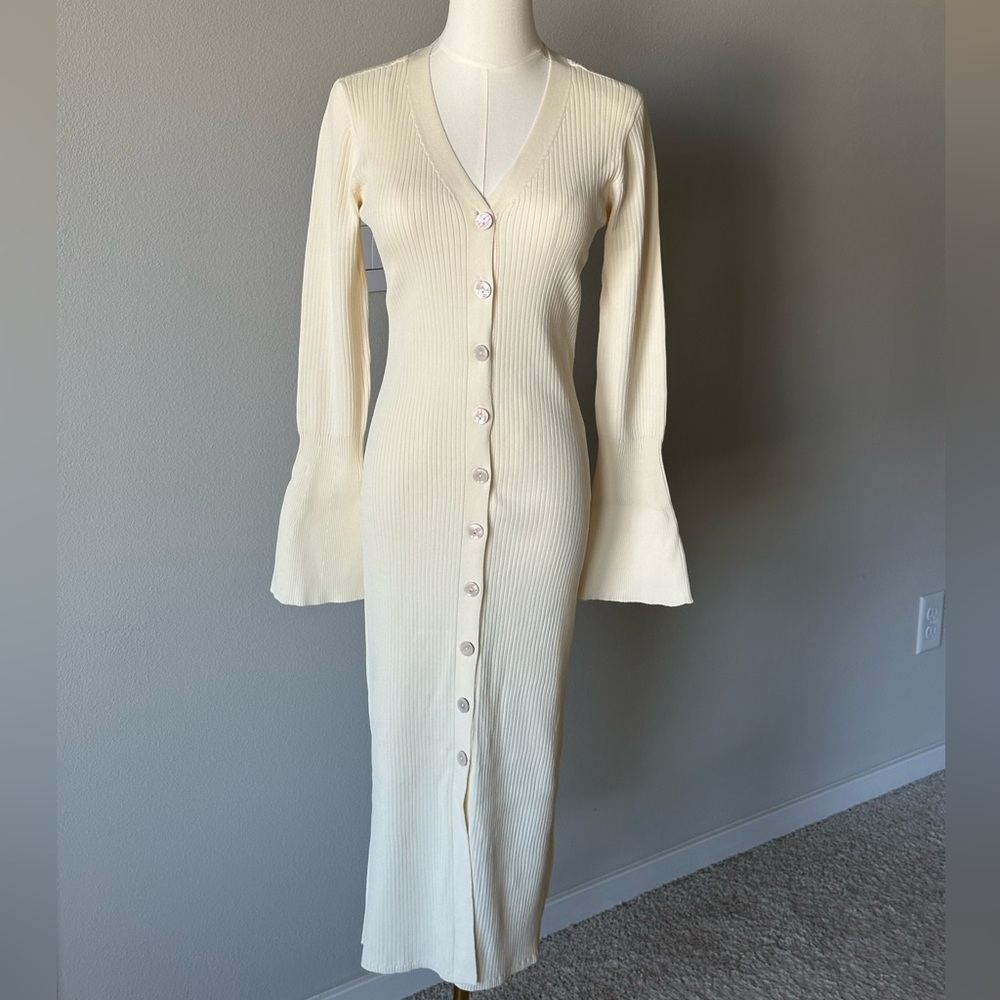 A New Day Cream Button Front Ribbed Knit Midi Dress with Flared Cuffs - XS - Picture 2 of 12